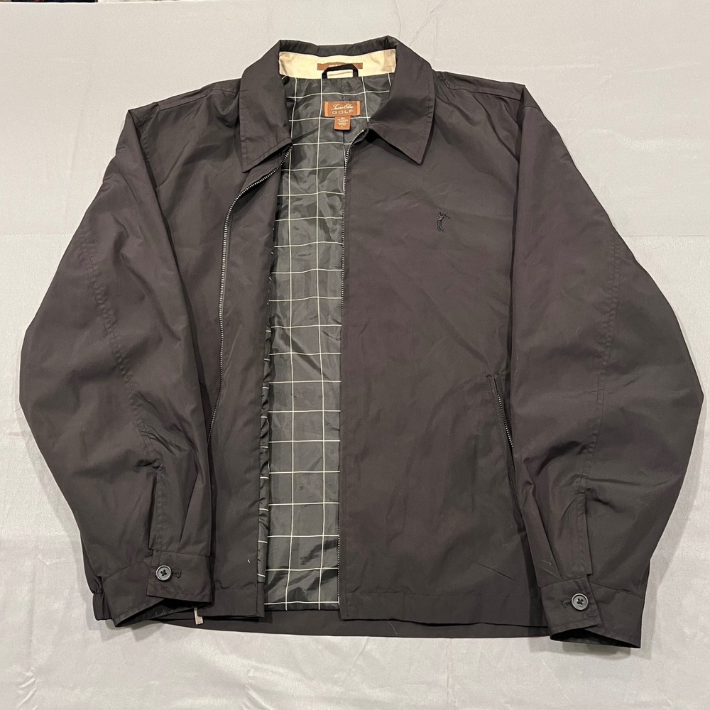 Golf Jacket Mens Large Black Harrington Windbreaker Zip Up Coat plaid lined